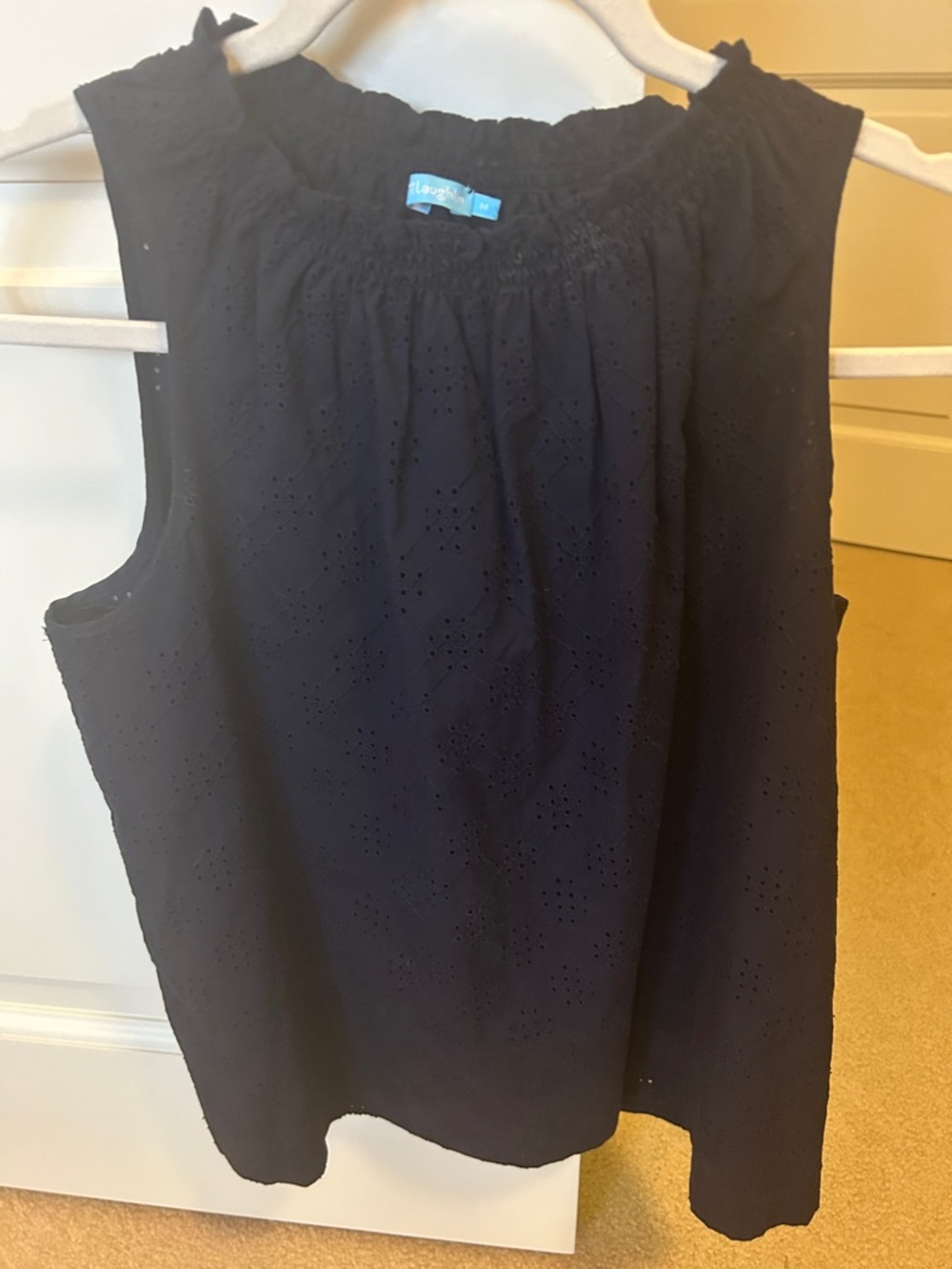 Steal. Leaving soon J McLaughlin Smocked Neck Eyelet Tank Top - Navy Classic